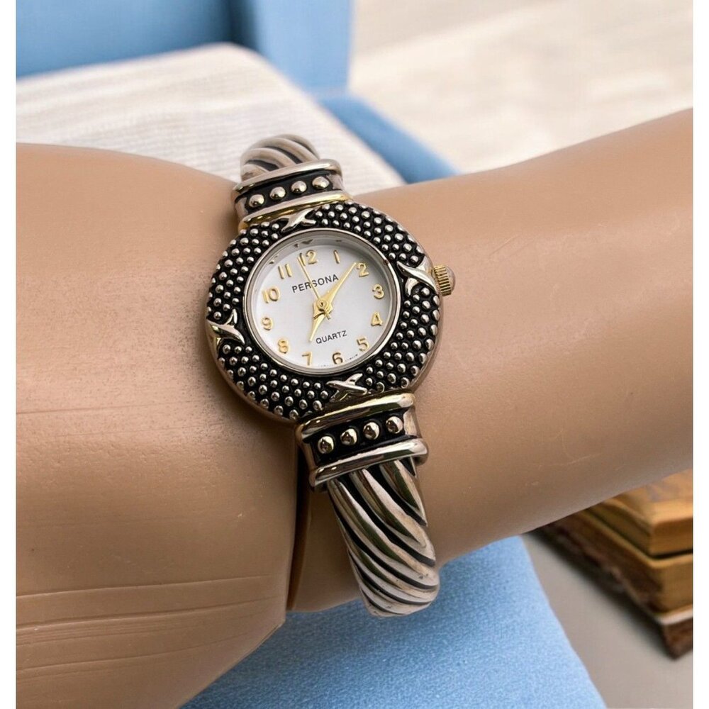 Vintage Persona Cuff Watch Silver Tone Braclet Twisted Rope Design